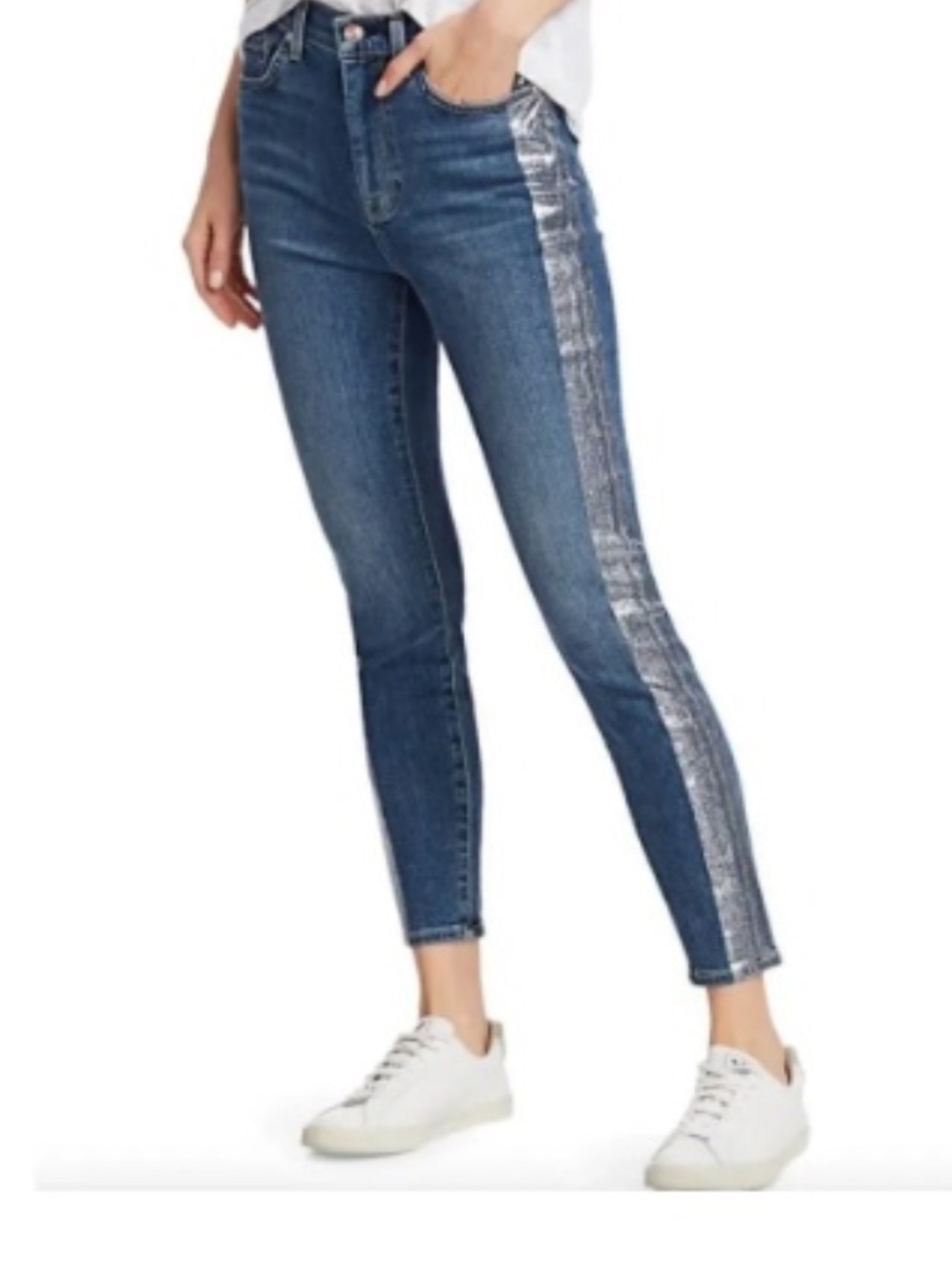 NEW 7 For All Mankind Bair High Waist Metallic Foil Stripe Ankle Skinny Jeans
